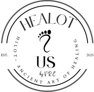 The Healot R Us seal: a footprint inside a circle reading Healot Us, Hilot, ancient art of healing, est. 2025.