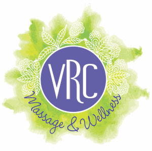 The VRC Massage and Wellness logo: a purple VRC monogram on a green watercolour wash.